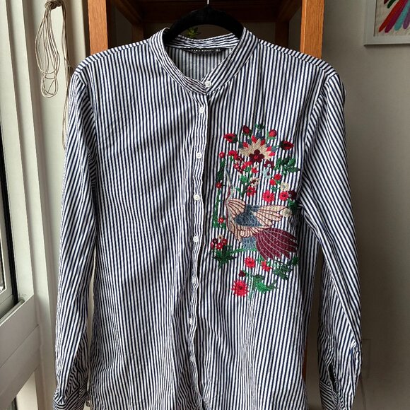 Zara Blue and White Striped Button Down with Flower and Bird Embroidery - Picture 1 of 7